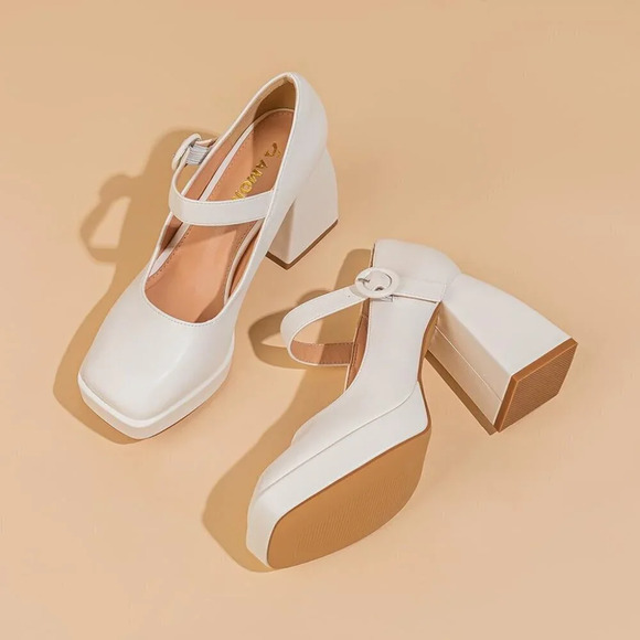 Women 4 Inches High Platform Mary Jane Shoes Chunky Block Heels - Picture 4 of 8